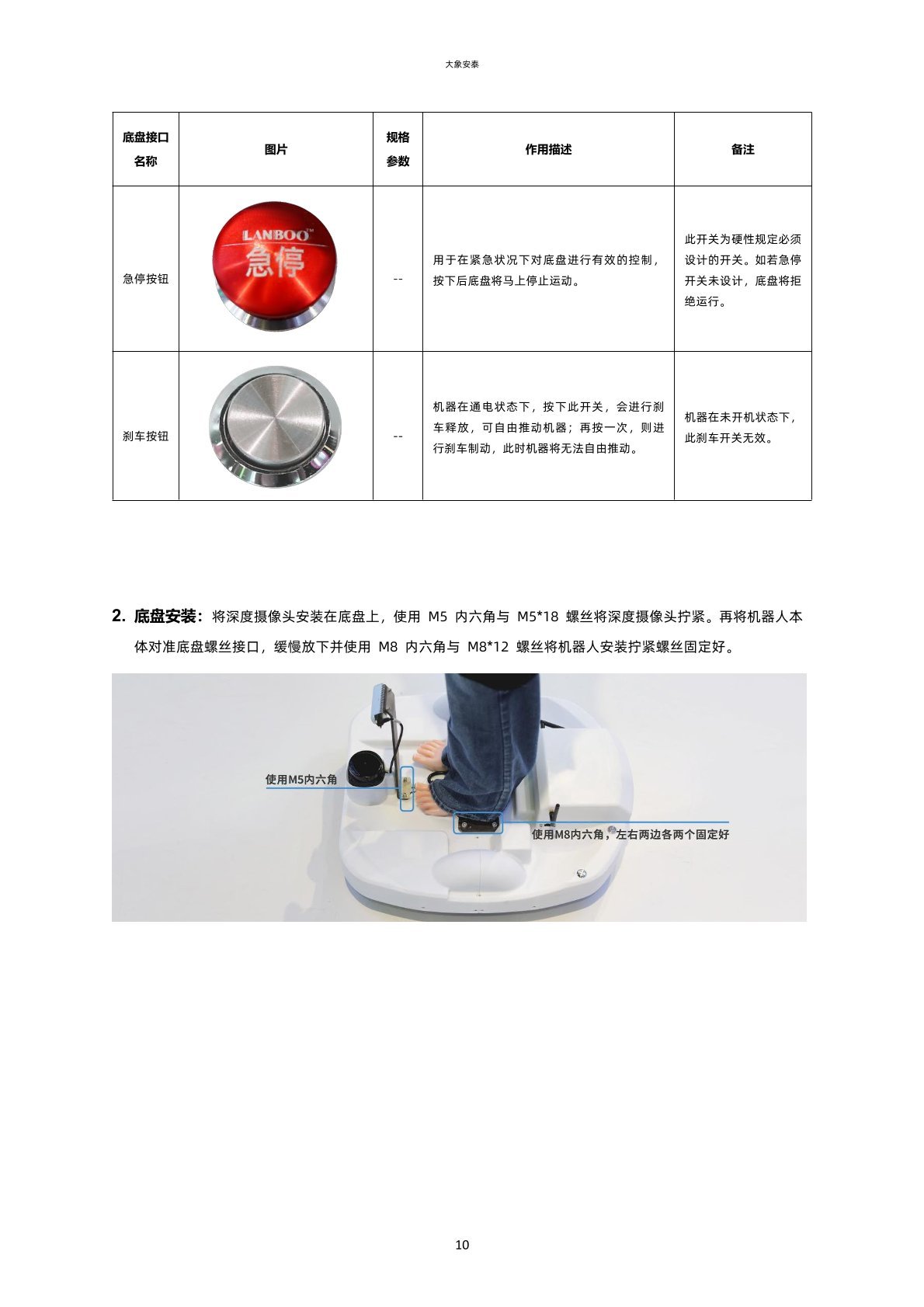 基础接口 · 急停和制动按钮 · 底座安装